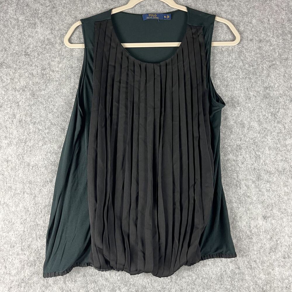 Polo Ralph Lauren Top Womens XL Black Pleated Modal Blouse Paneled Stretch Quiet